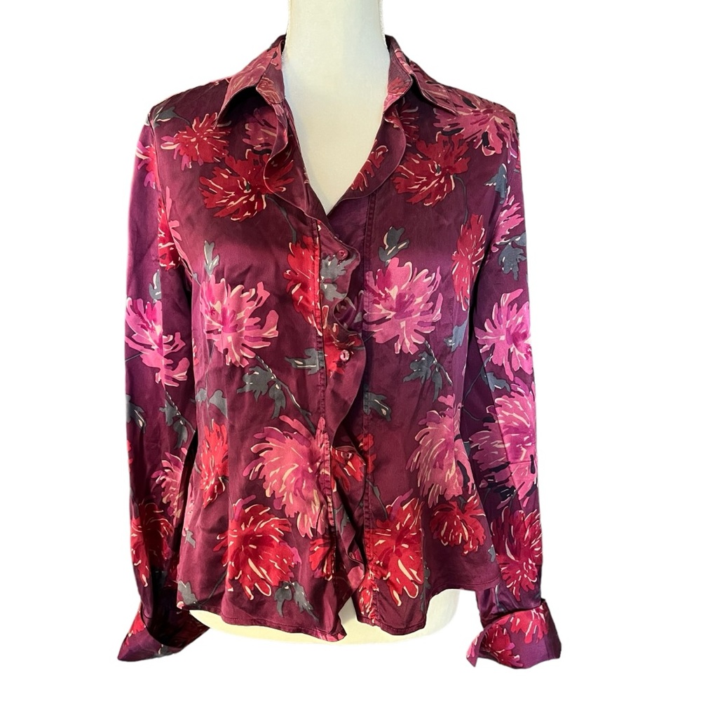 ❣️SALE❣️Finity Studio Women’s Silk Floral Button Up Blouse Top Shirt